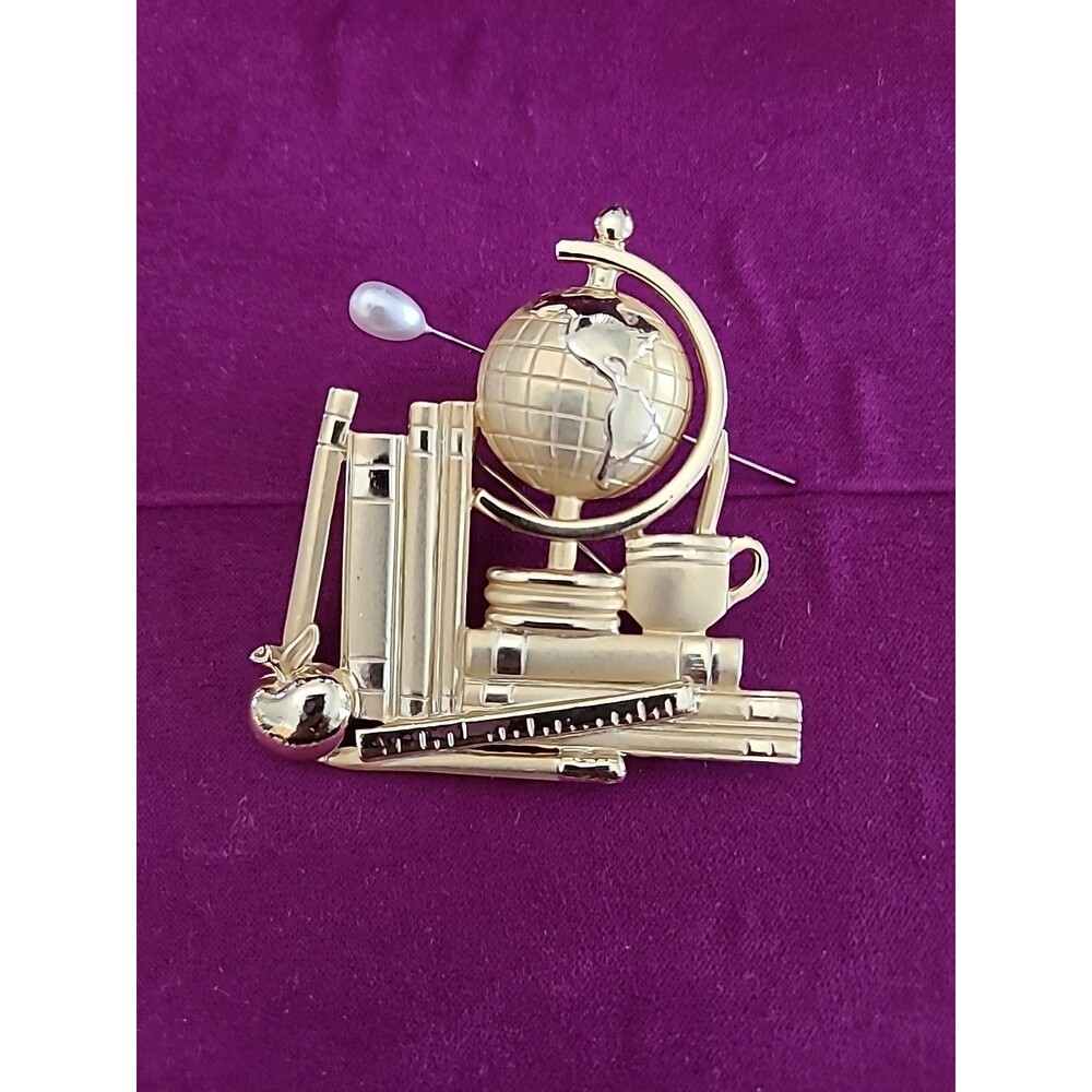 Vintage AJC Signed Large Stack of Books Globe and Apple & Pencil Pin Brooch –